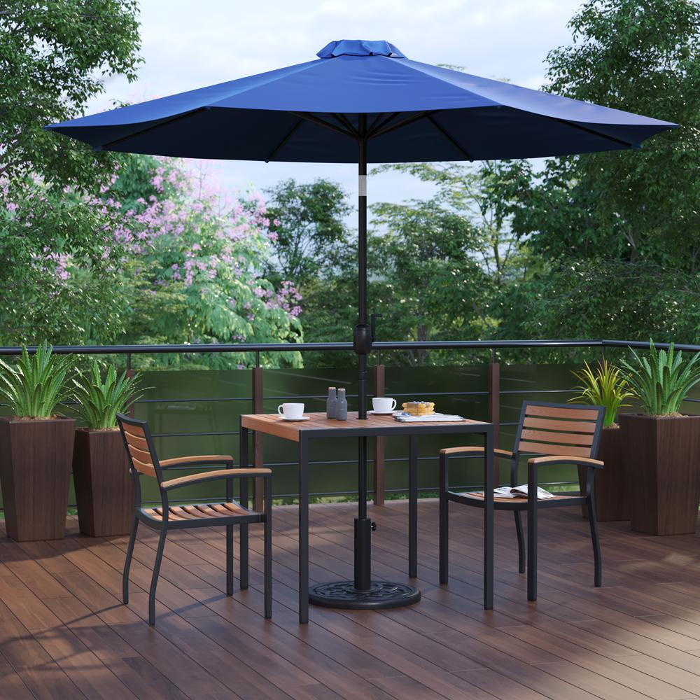 5 Piece Patio Table Set with 2 Stackable Chairs, 35" Table, Navy Umbrella, Base