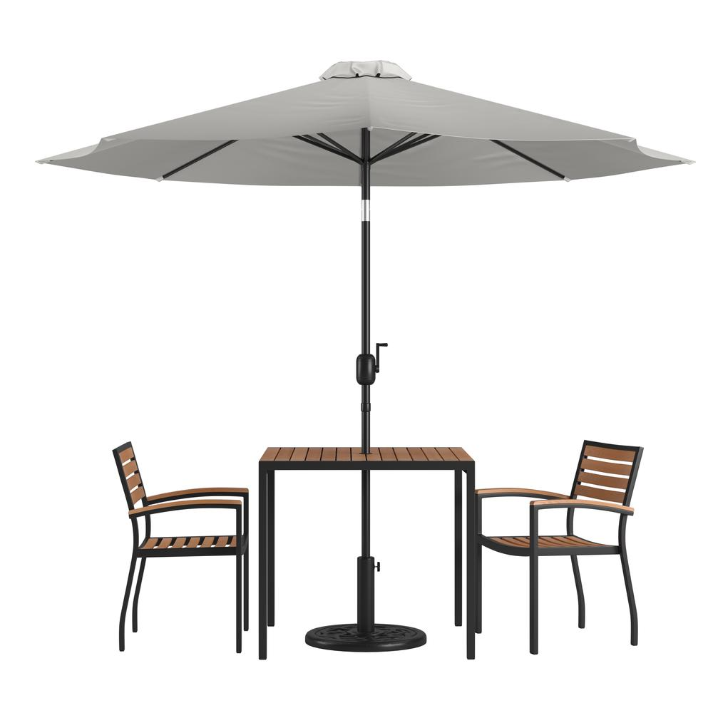 5 Piece Patio Table Set with 2 Stackable Chairs, 35" Table, Gray Umbrella, Base