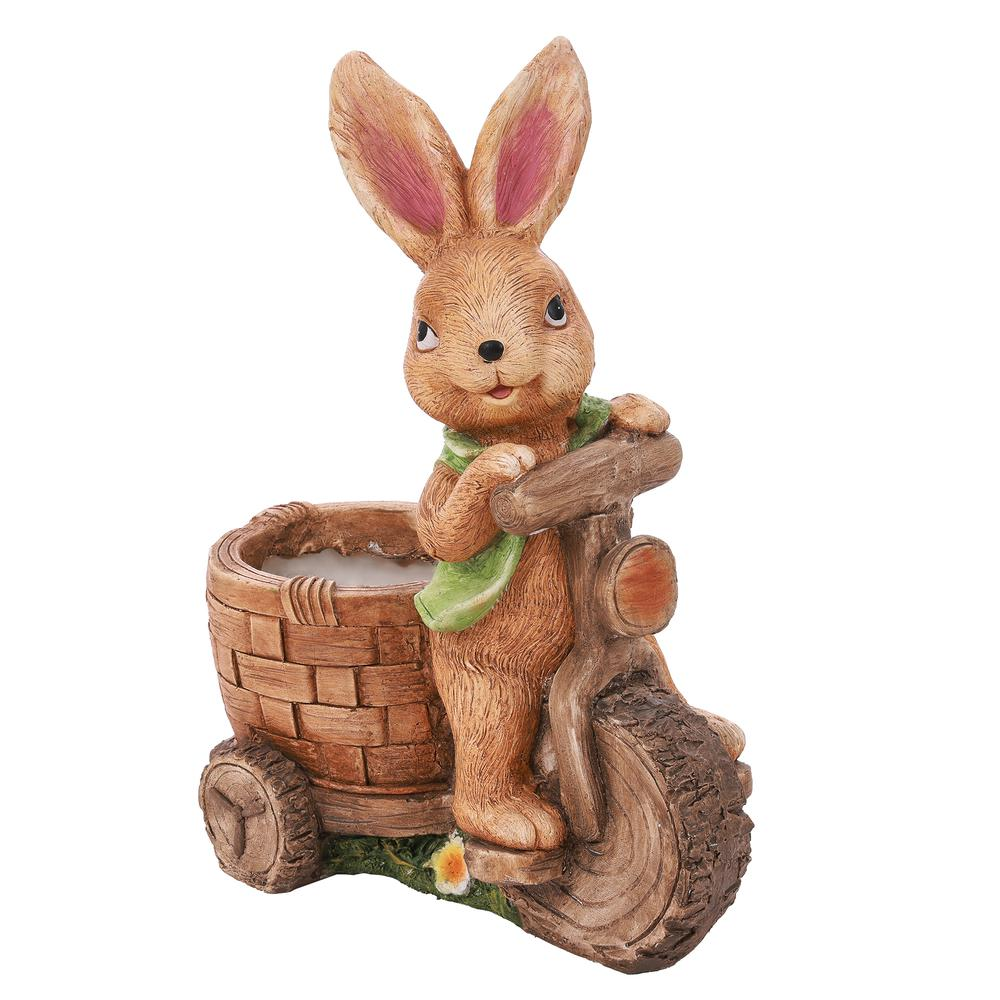 LuxenHome Brown Bunny Rabbit on a Bicycle MgO Planter