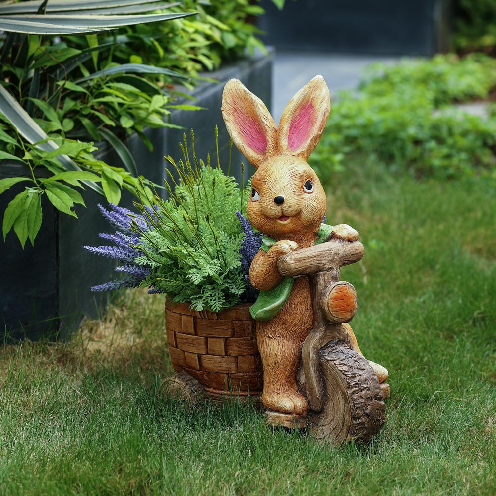 LuxenHome Brown Bunny Rabbit on a Bicycle MgO Planter