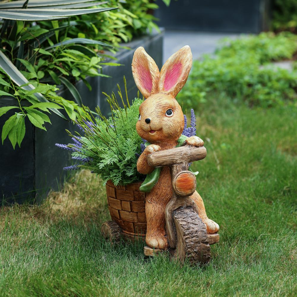 LuxenHome Brown Bunny Rabbit on a Bicycle MgO Planter