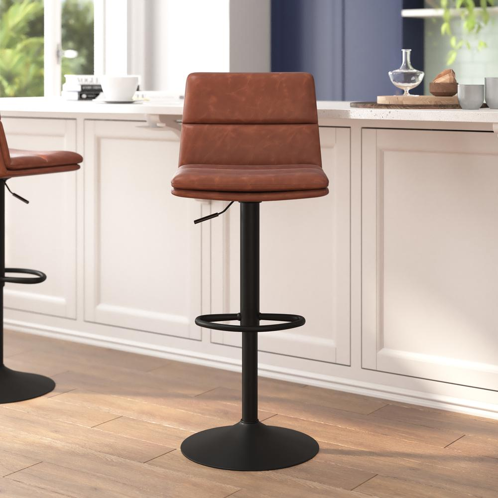 Mid-Back Adjustable Height Channel Stitched Barstools, Set of 2, Cognac