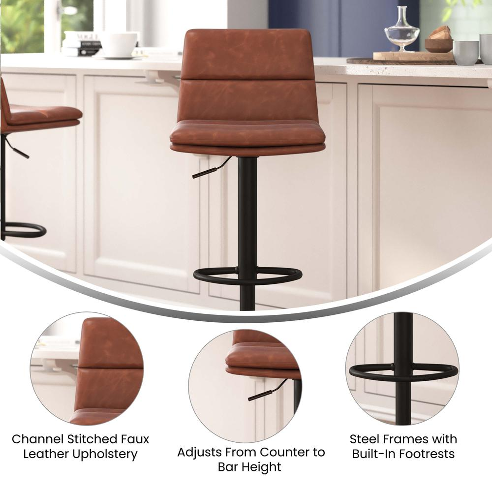 Mid-Back Adjustable Height Channel Stitched Barstools, Set of 2, Cognac