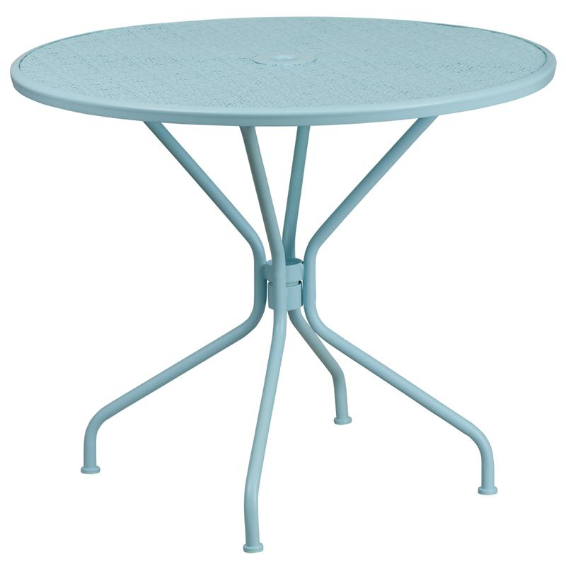 35.25" Round Sky Blue Indoor-Outdoor Steel Patio Table with Umbrella Hole