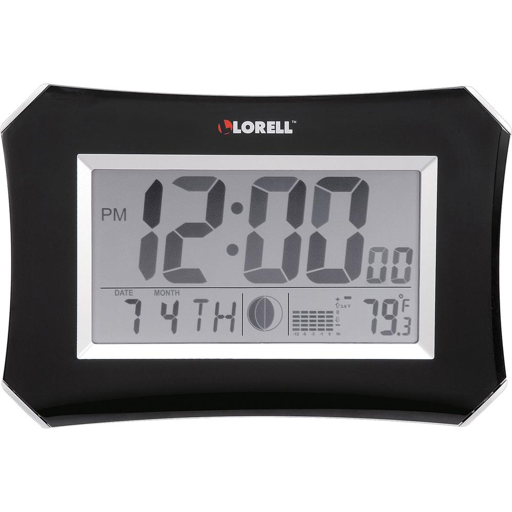 Lorell LCD Wall/Alarm Clock - Digital - Quartz - LCD - Black Main Dial - Silver/Plastic Case