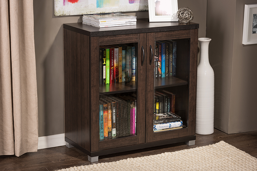 Dark Brown Sideboard Storage Cabinet with Glass Doors