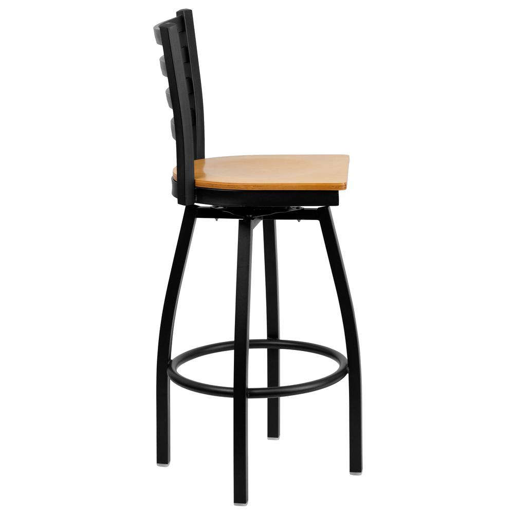 Black Ladder Back Swivel Metal Barstool - Natural Wood Seat