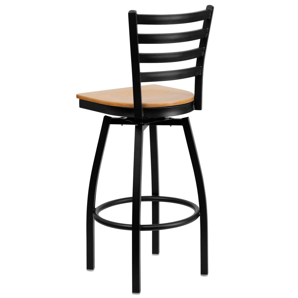 Black Ladder Back Swivel Metal Barstool - Natural Wood Seat