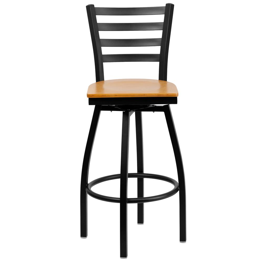 Black Ladder Back Swivel Metal Barstool - Natural Wood Seat