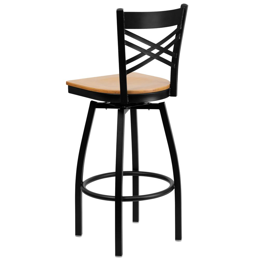 Black ''X'' Back Swivel Metal Barstool - Natural Wood Seat