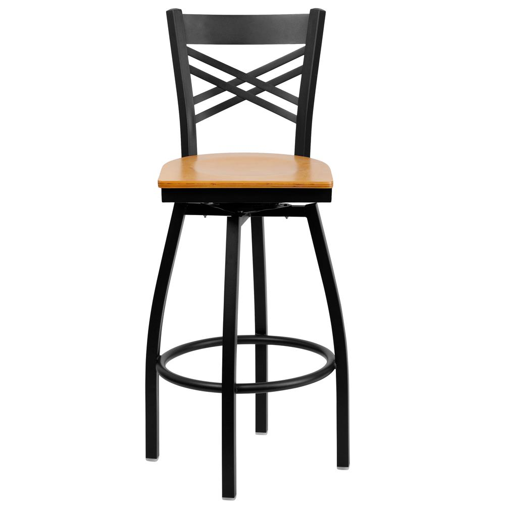 Black ''X'' Back Swivel Metal Barstool - Natural Wood Seat