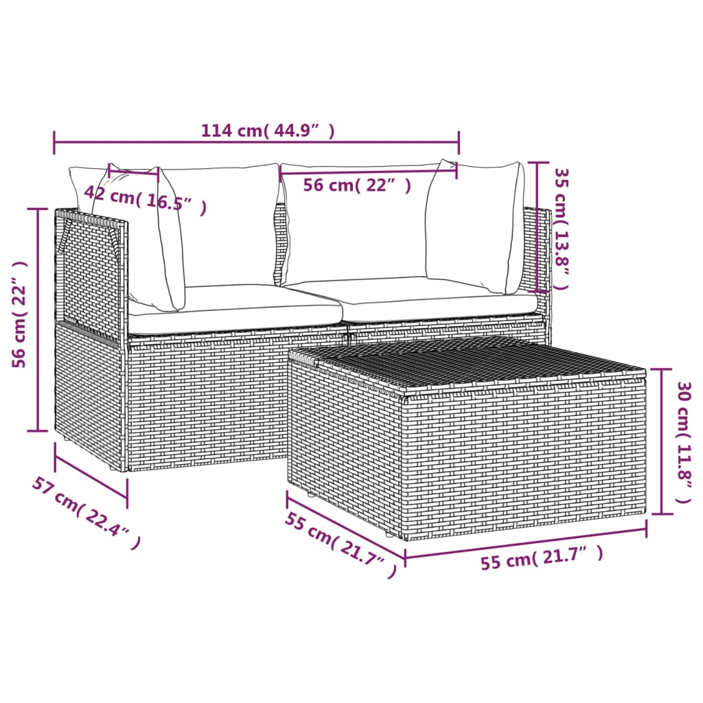 vidaXL 3 Piece Patio Lounge Set with Cushions Gray Poly Rattan