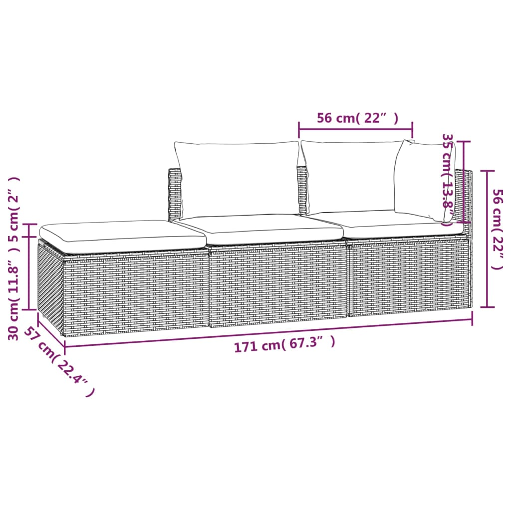 vidaXL 3 Piece Patio Lounge Set with Cushions Gray Poly Rattan