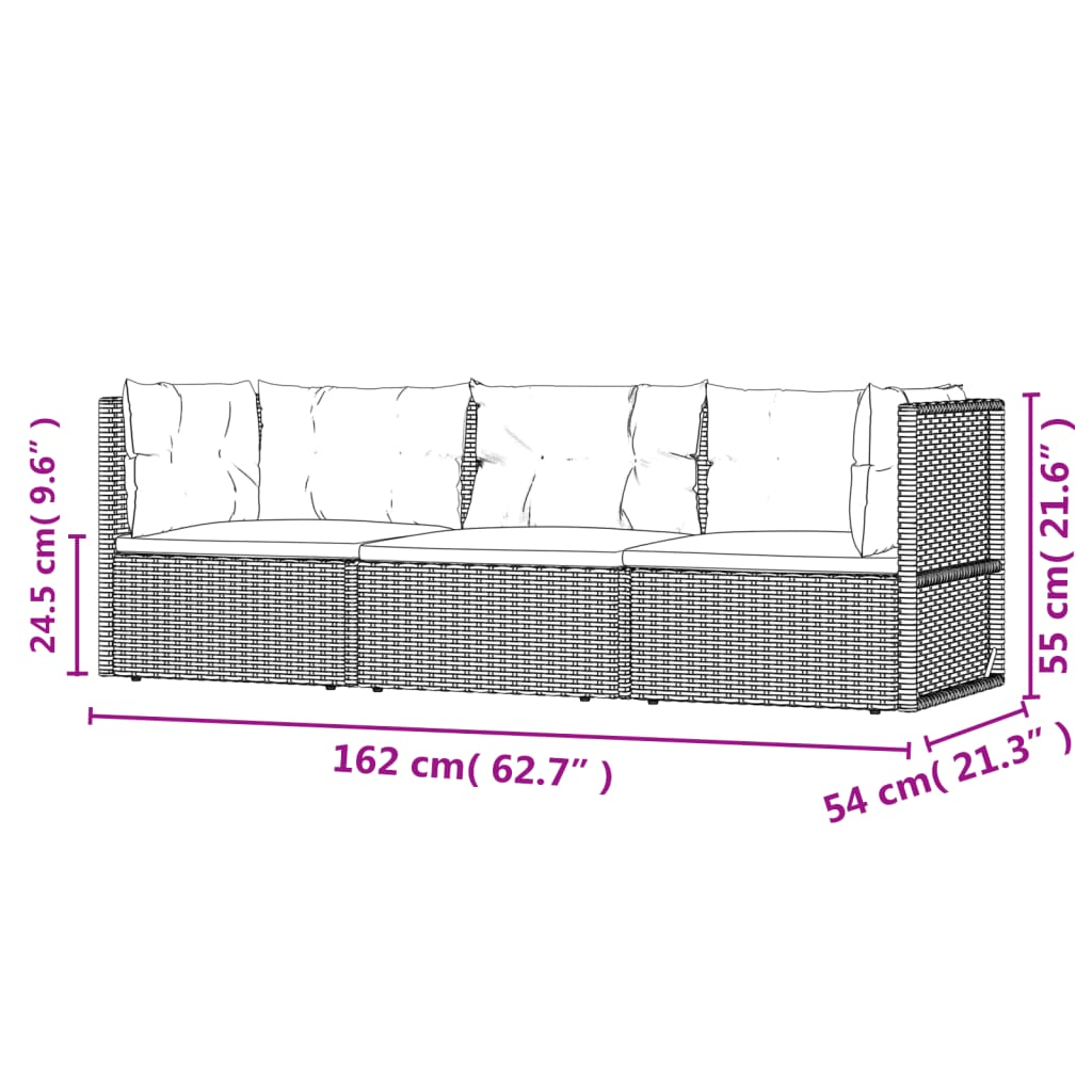 vidaXL 3 Piece Patio Lounge Set with Cushions Gray Poly Rattan