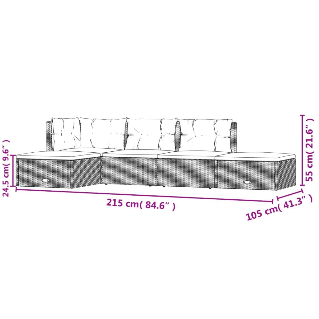 vidaXL 5 Piece Patio Lounge Set with Cushions Gray Poly Rattan