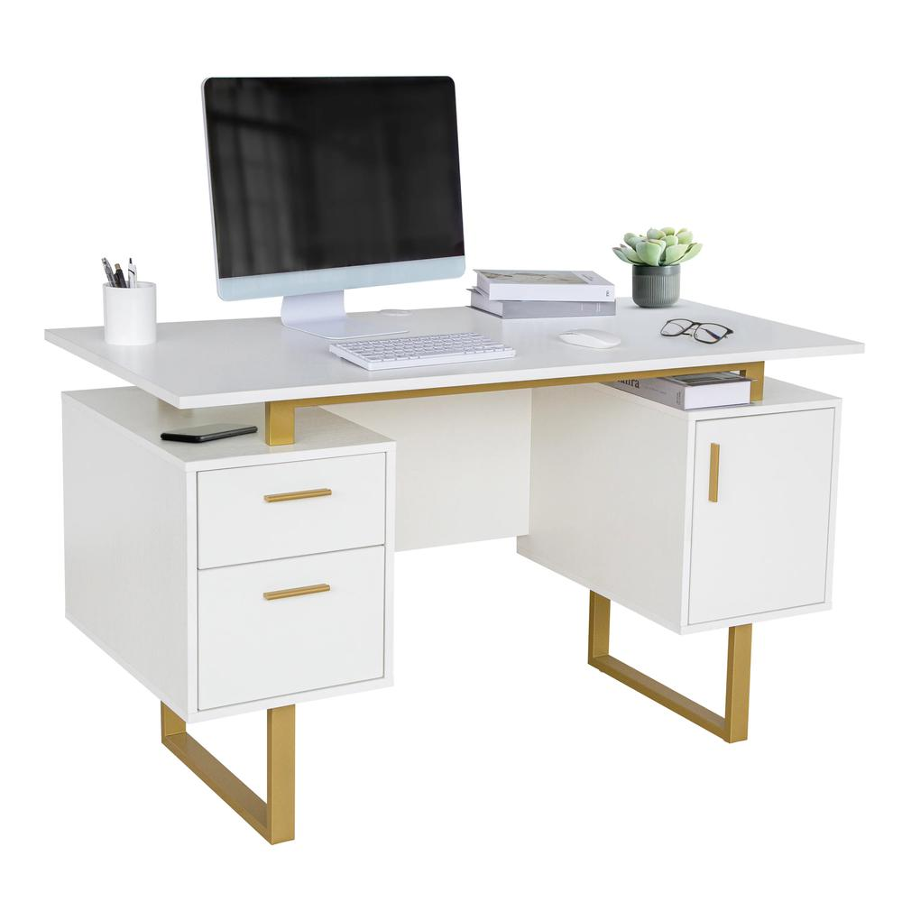 White and Gold Desk for Office with Drawers & Storage