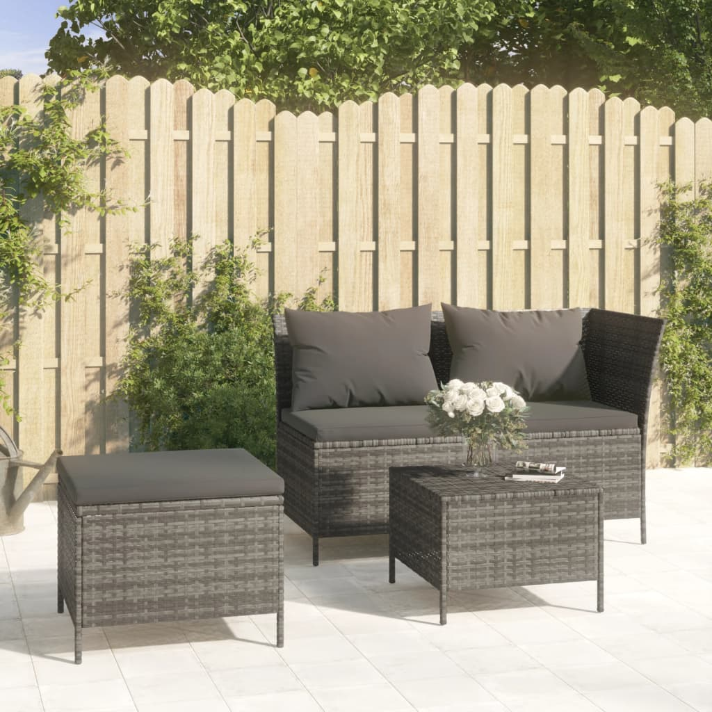 vidaXL 3 Piece Patio Lounge Set with Cushions Gray Poly Rattan