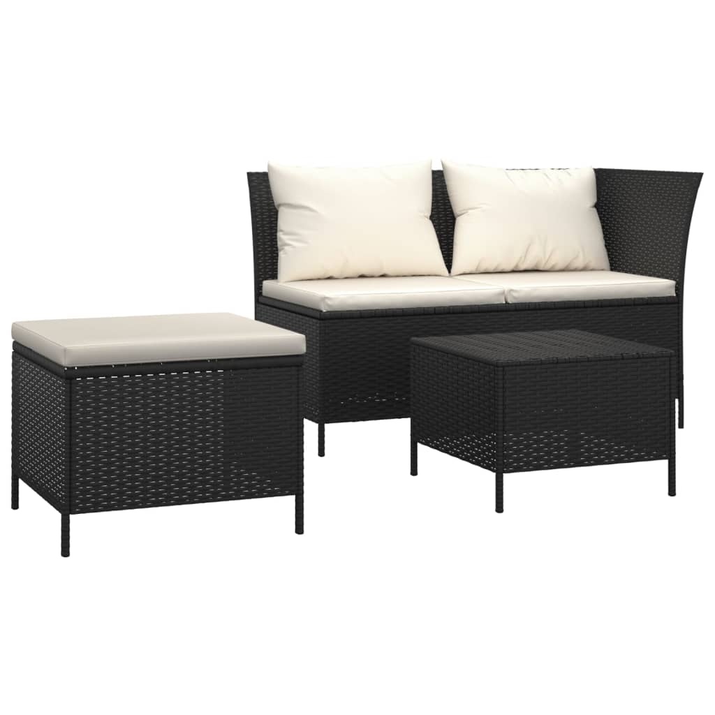 vidaXL 3 Piece Patio Lounge Set with Cushions Black Poly Rattan