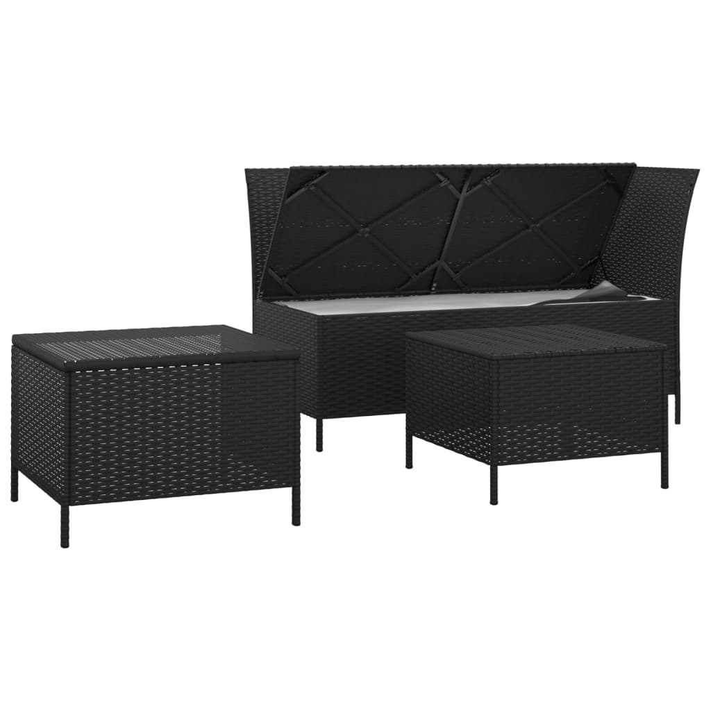 vidaXL 3 Piece Patio Lounge Set with Cushions Black Poly Rattan