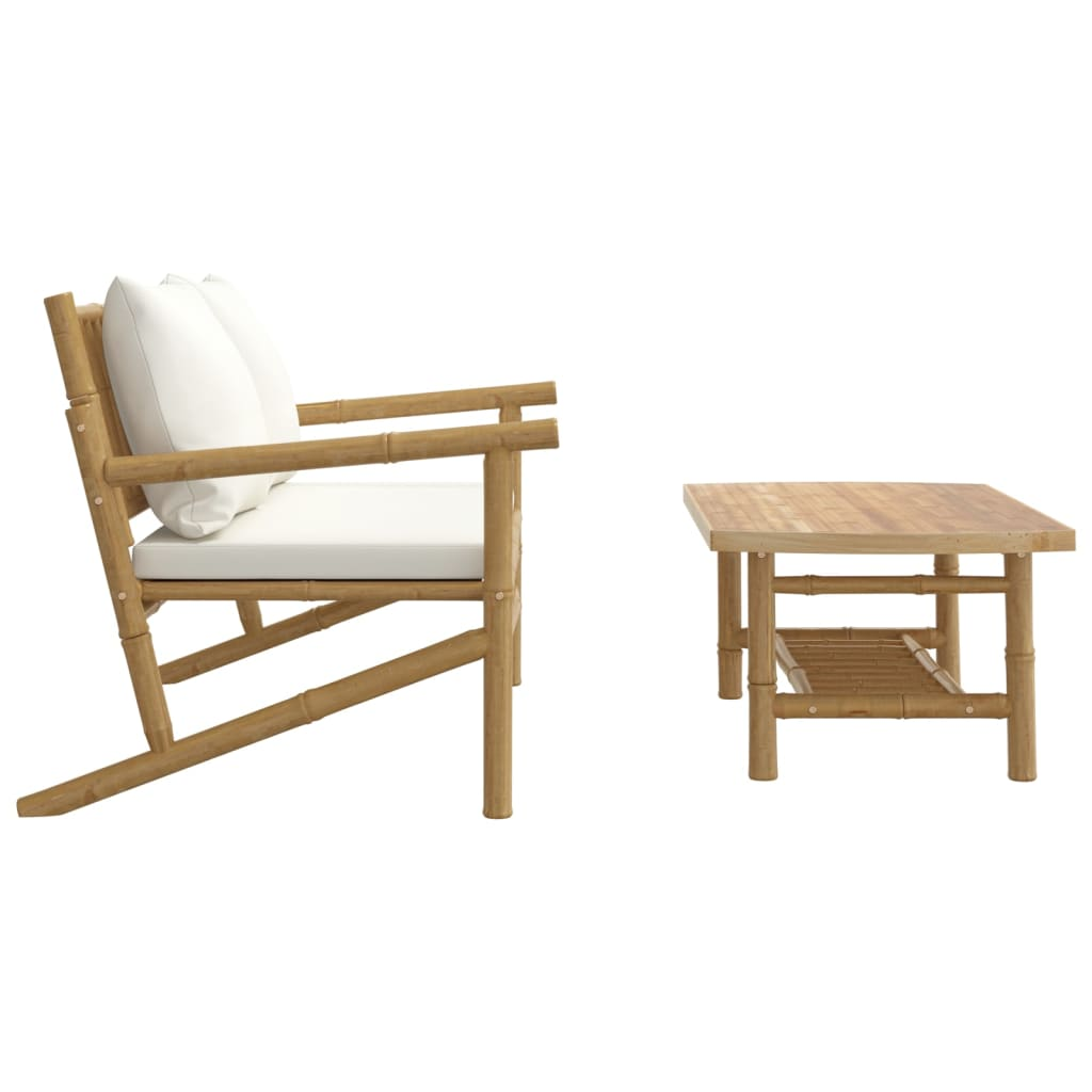 vidaXL 2 Piece Patio Lounge Set with Cream White Cushions Bamboo