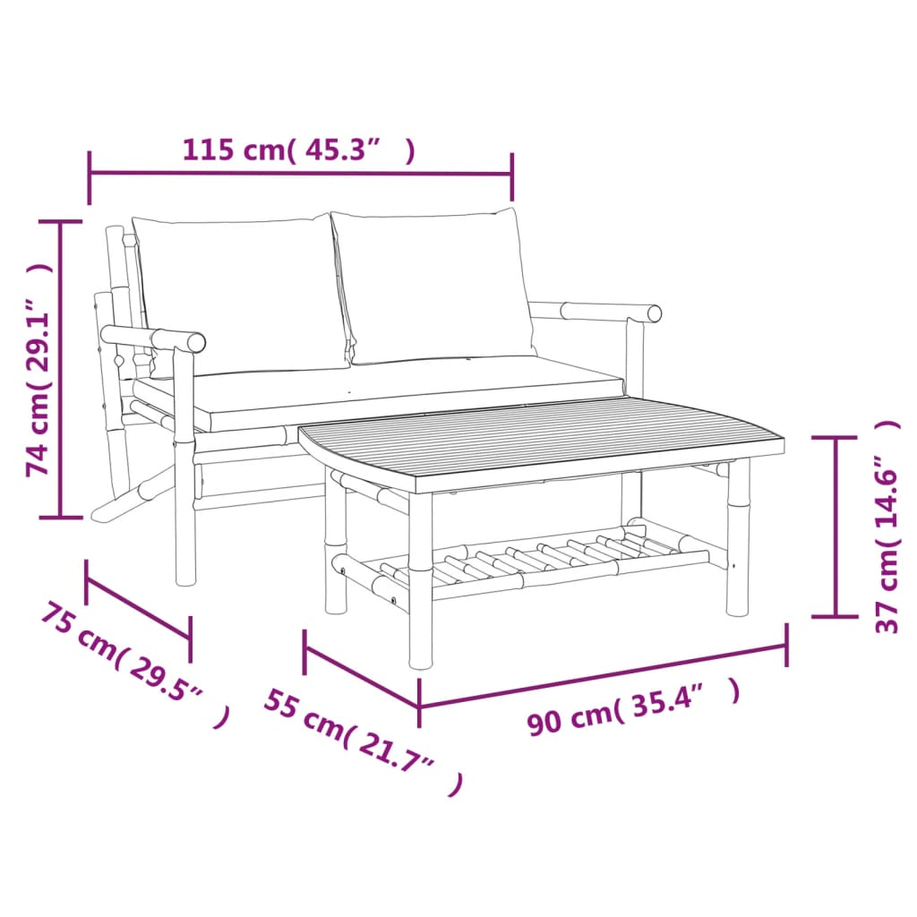 vidaXL 2 Piece Patio Lounge Set with Cream White Cushions Bamboo