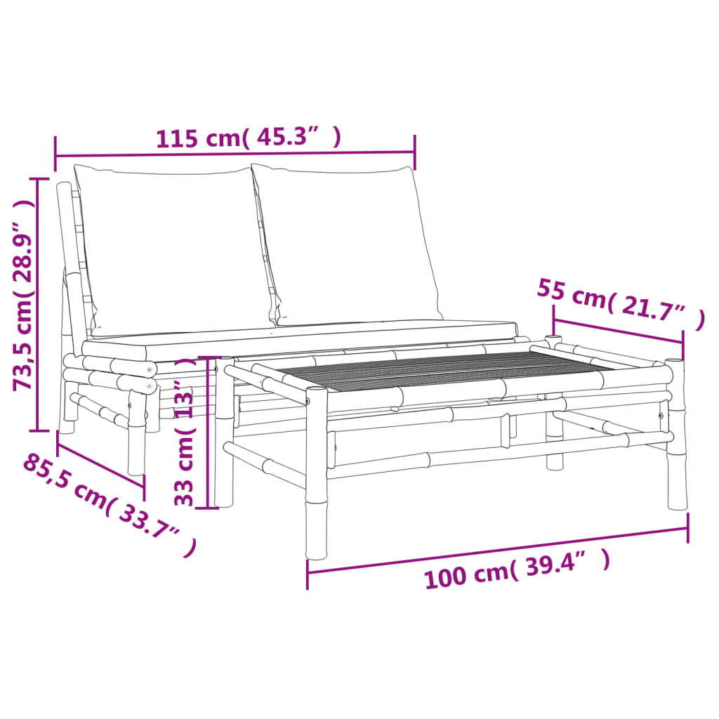 vidaXL 2 Piece Patio Lounge Set with Dark Gray Cushions Bamboo