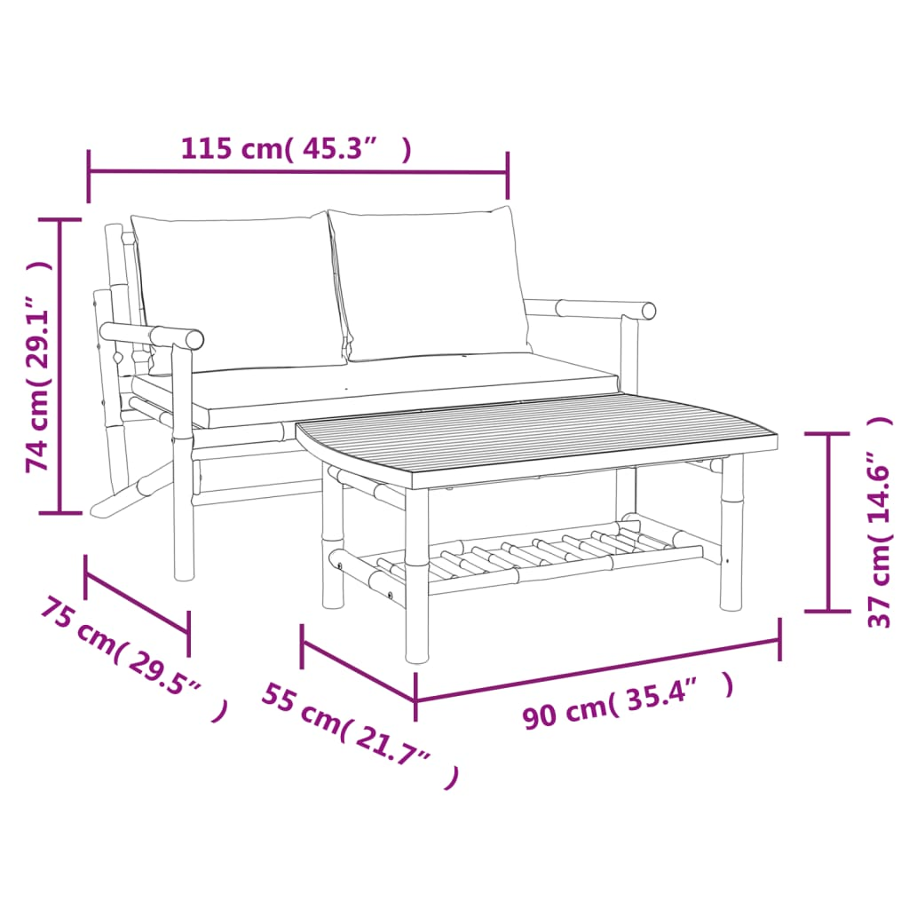 vidaXL 2 Piece Patio Lounge Set with Dark Gray Cushions Bamboo