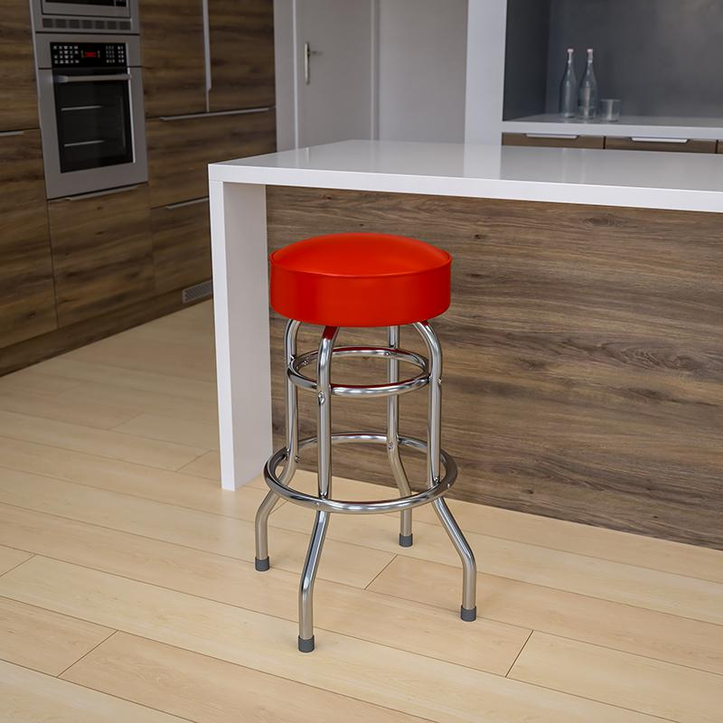 Double Ring Chrome Barstool with Red Seat