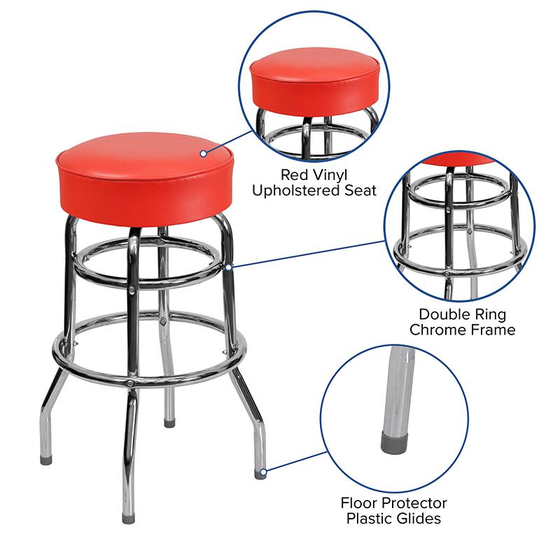 Double Ring Chrome Barstool with Red Seat