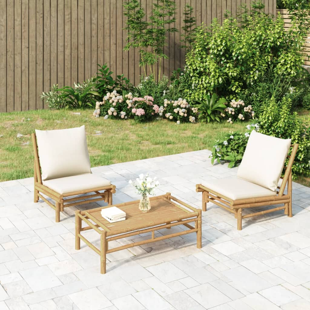 vidaXL 3 Piece Patio Lounge Set with Cream White Cushions Bamboo