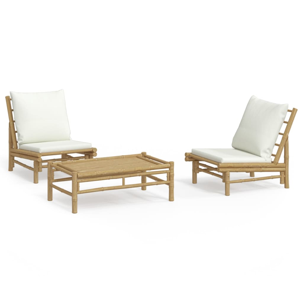 vidaXL 3 Piece Patio Lounge Set with Cream White Cushions Bamboo