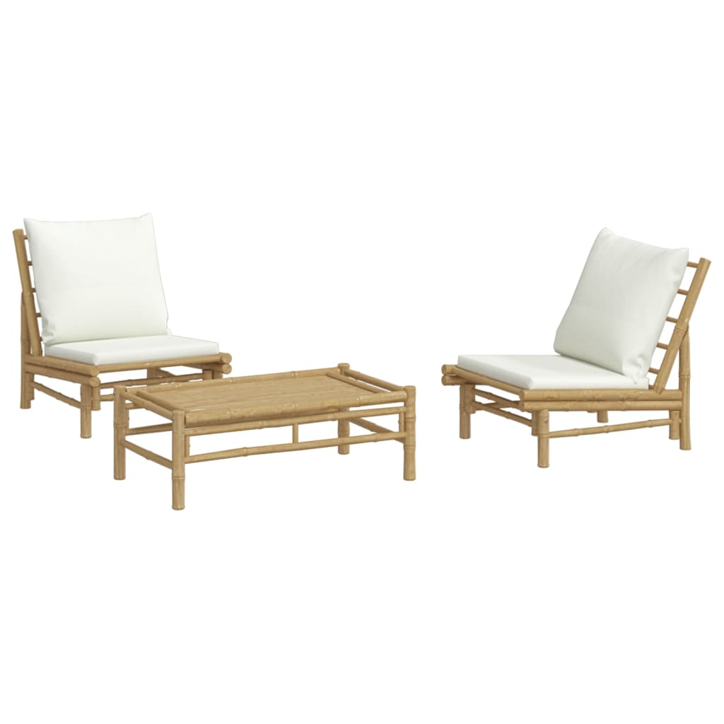 vidaXL 3 Piece Patio Lounge Set with Cream White Cushions Bamboo