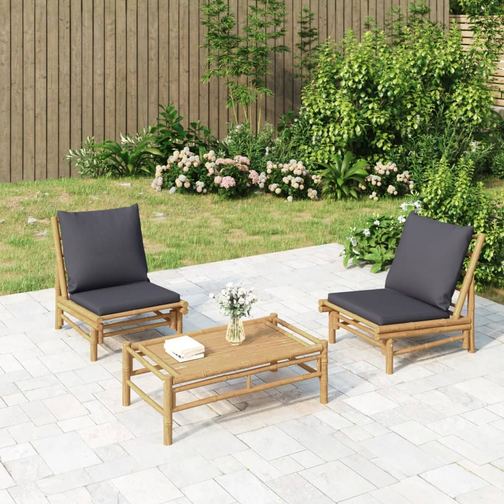 vidaXL 3 Piece Patio Lounge Set with Dark Gray Cushions Bamboo