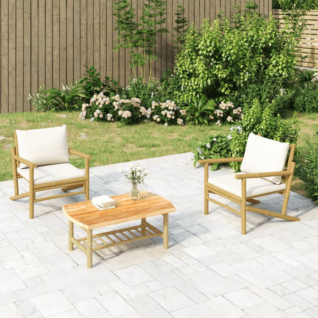 vidaXL 3 Piece Patio Lounge Set with Cream White Cushions Bamboo