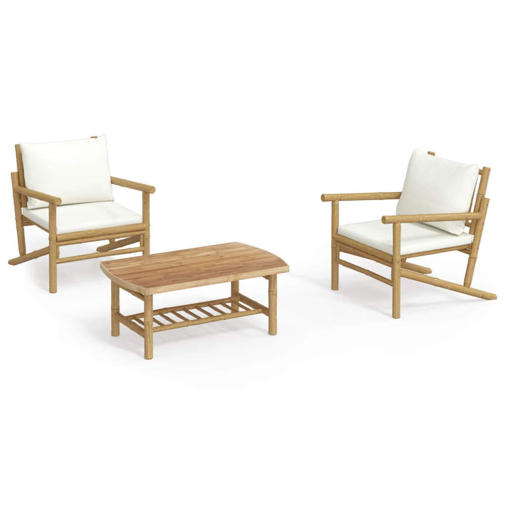 vidaXL 3 Piece Patio Lounge Set with Cream White Cushions Bamboo