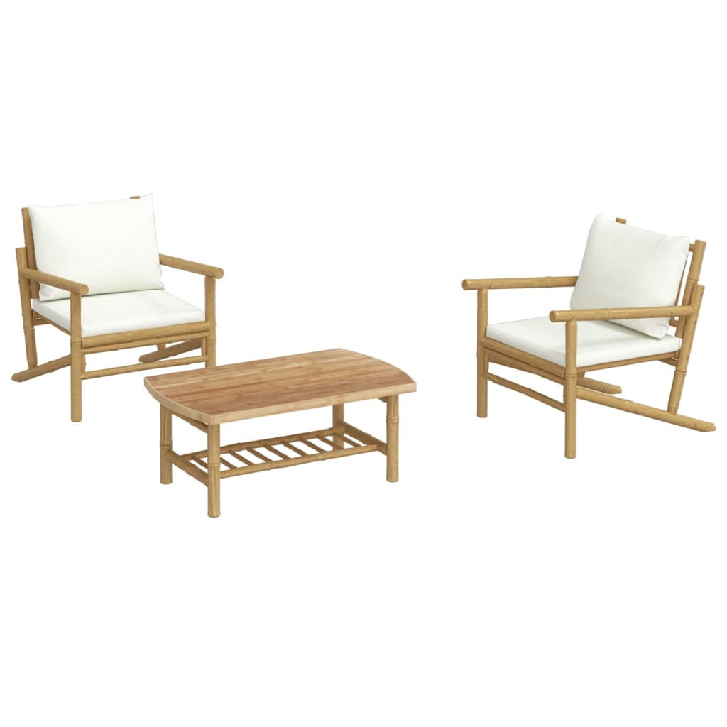 vidaXL 3 Piece Patio Lounge Set with Cream White Cushions Bamboo