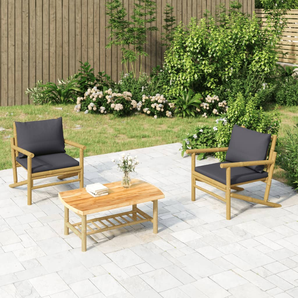 vidaXL 3 Piece Patio Lounge Set with Dark Gray Cushions Bamboo