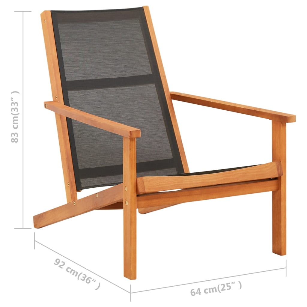 vidaXL Patio Lounge Chair Black Solid Wood Eucalyptus and Textilene