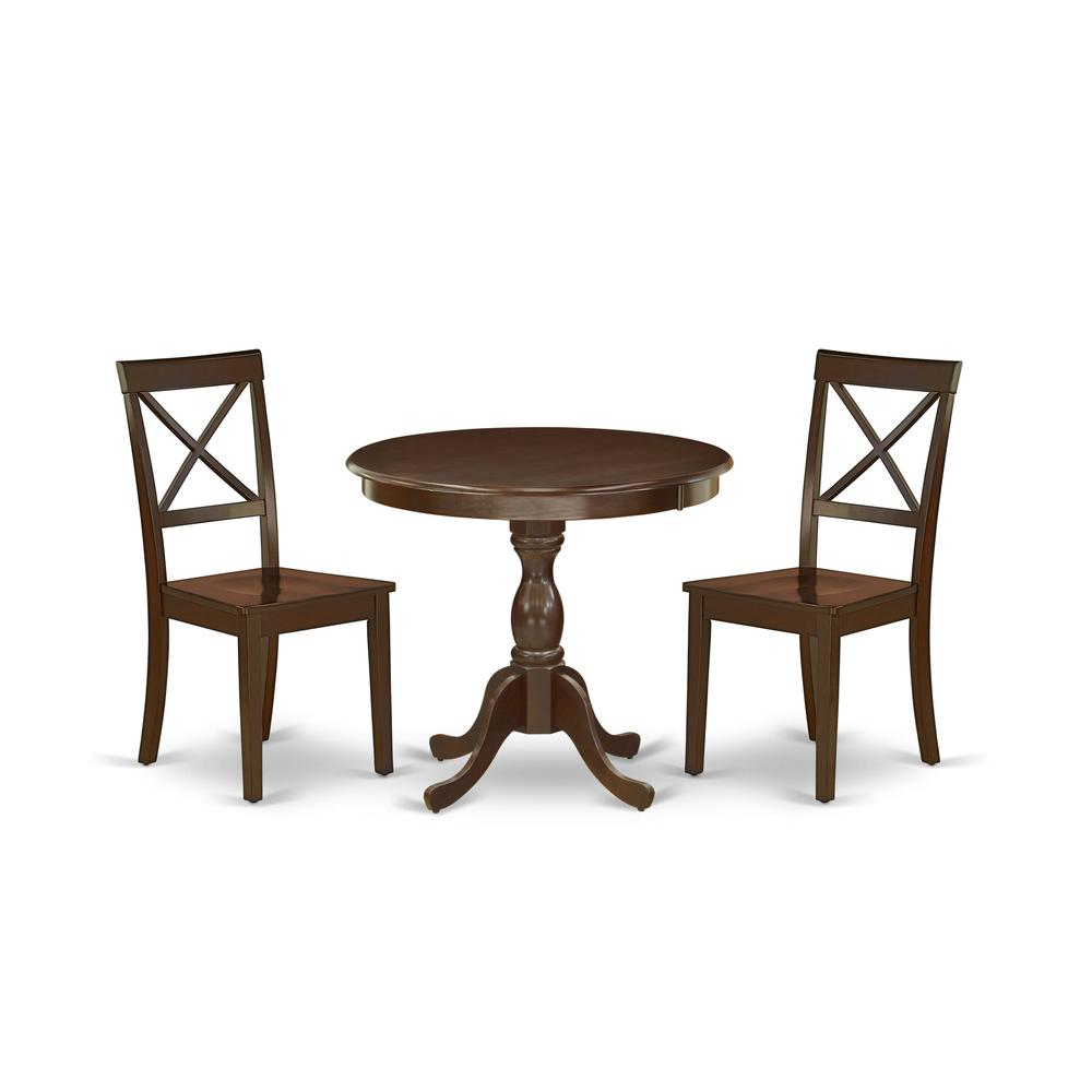 AMBO3-MAH-W 3 Pc Dining Room Set - 1 Round Pedestal Table and 2 Mahogany Dinning Chairs - Mahogany Finish