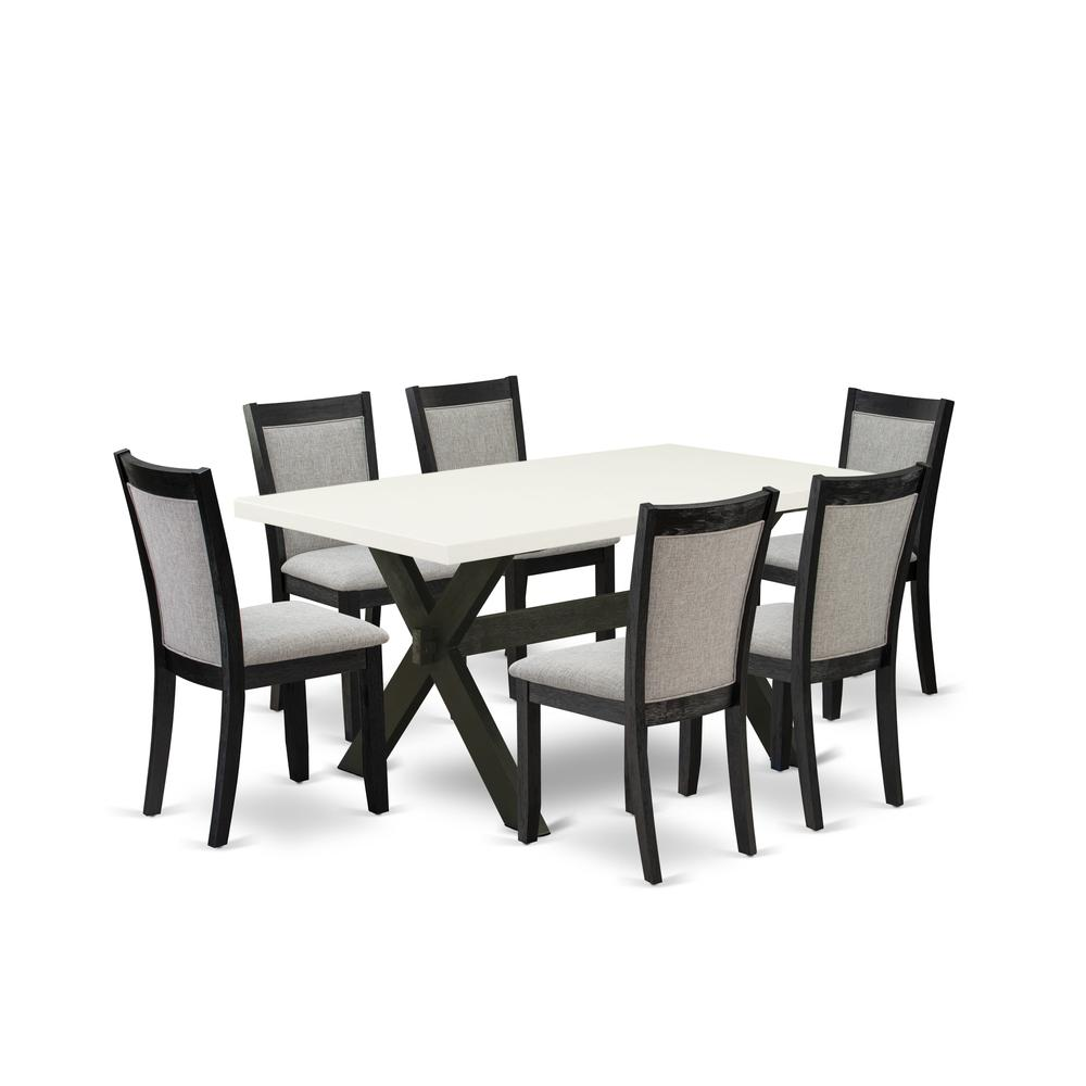 X626MZ606-7 7 Pc Dining Table Set - Linen White Wooden Dining Table with 6 Shitake Dinning Chairs - Wire Brushed Black Finish