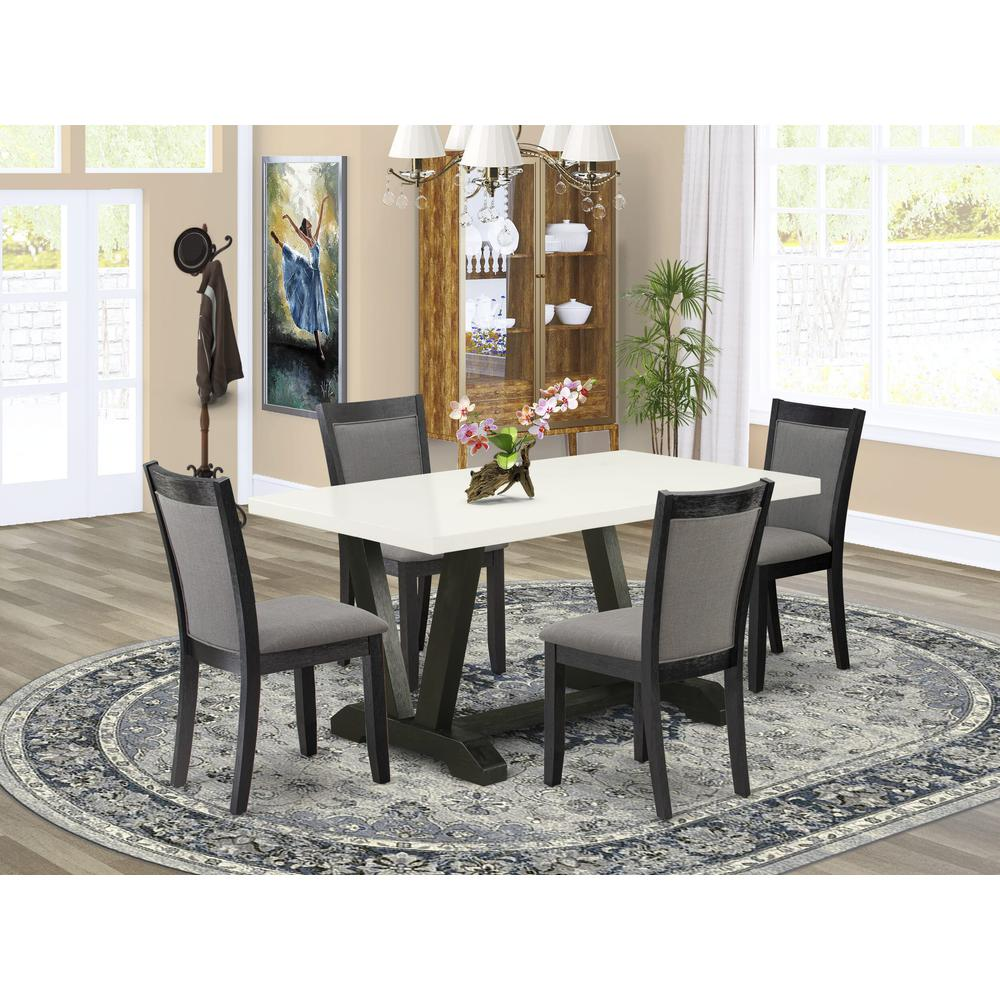 V626MZ650-5 5 Piece Dining Set - Linen White Table with 4 Dark Gotham Grey Linen Fabric dinning chairs - Wire Brushed Black Finish