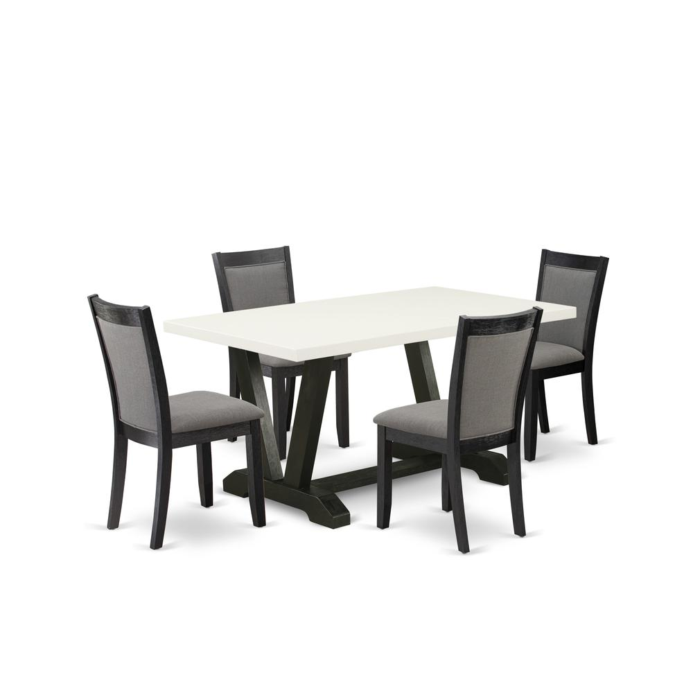 V626MZ650-5 5 Piece Dining Set - Linen White Table with 4 Dark Gotham Grey Linen Fabric dinning chairs - Wire Brushed Black Finish