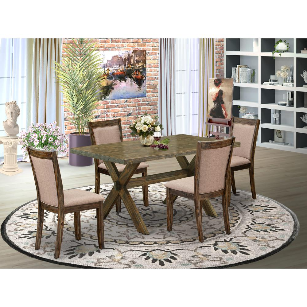 X776MZ716-5 5 Piece Modern Dining Table Set - A Dinning Table with Trestle Base and 4 dinner chairs - Distressed Jacobean Finish