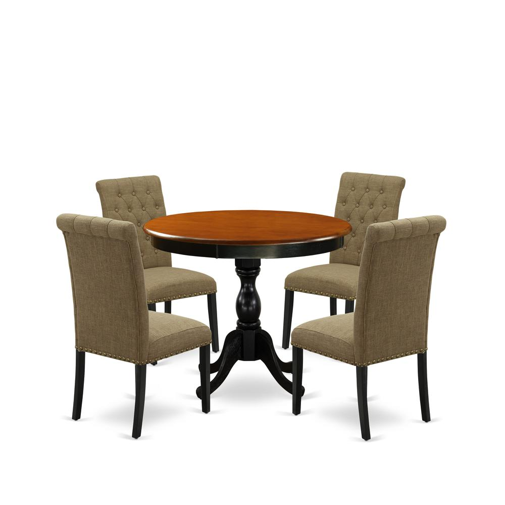 East West Furniture 5-Piece Dinning Table Set Includes a Dinning Table and 4 Light Sable Linen Fabric Modern Dining Chairs with Button Tufted Back - Black Finish