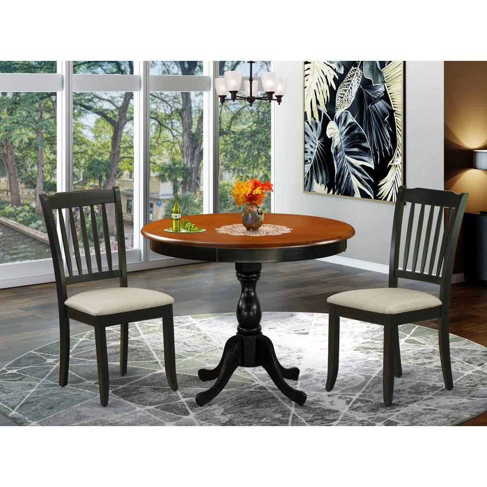 East West Furniture 3-Pc Dinning Room Set Includes a Wood Dining Room Table and 2 Linen Fabric Mid Century Dining Chairs with Slatted Back - Black Finish