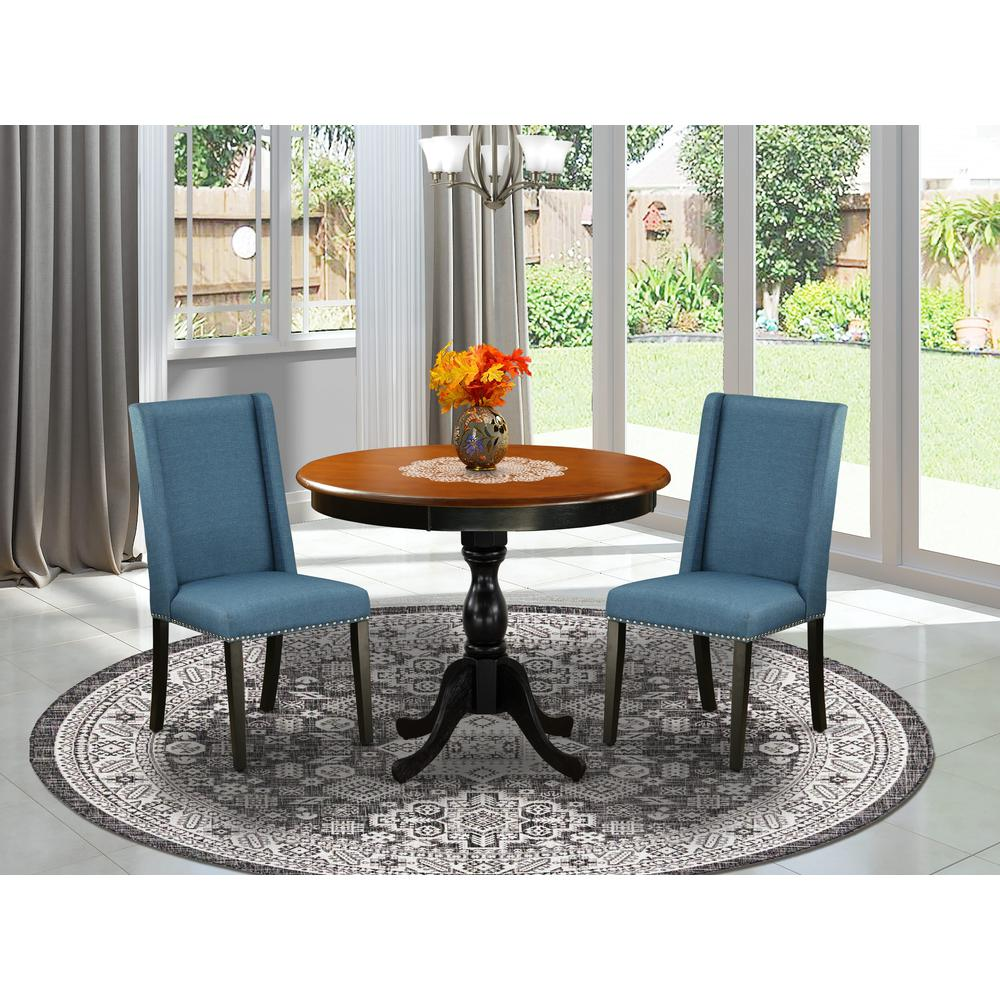 East West Furniture 3-Pc Dinning Room Set Includes a Wood Kitchen Table and 2 Blue Linen Fabric Dinning Chairs with High Back - Black Finish