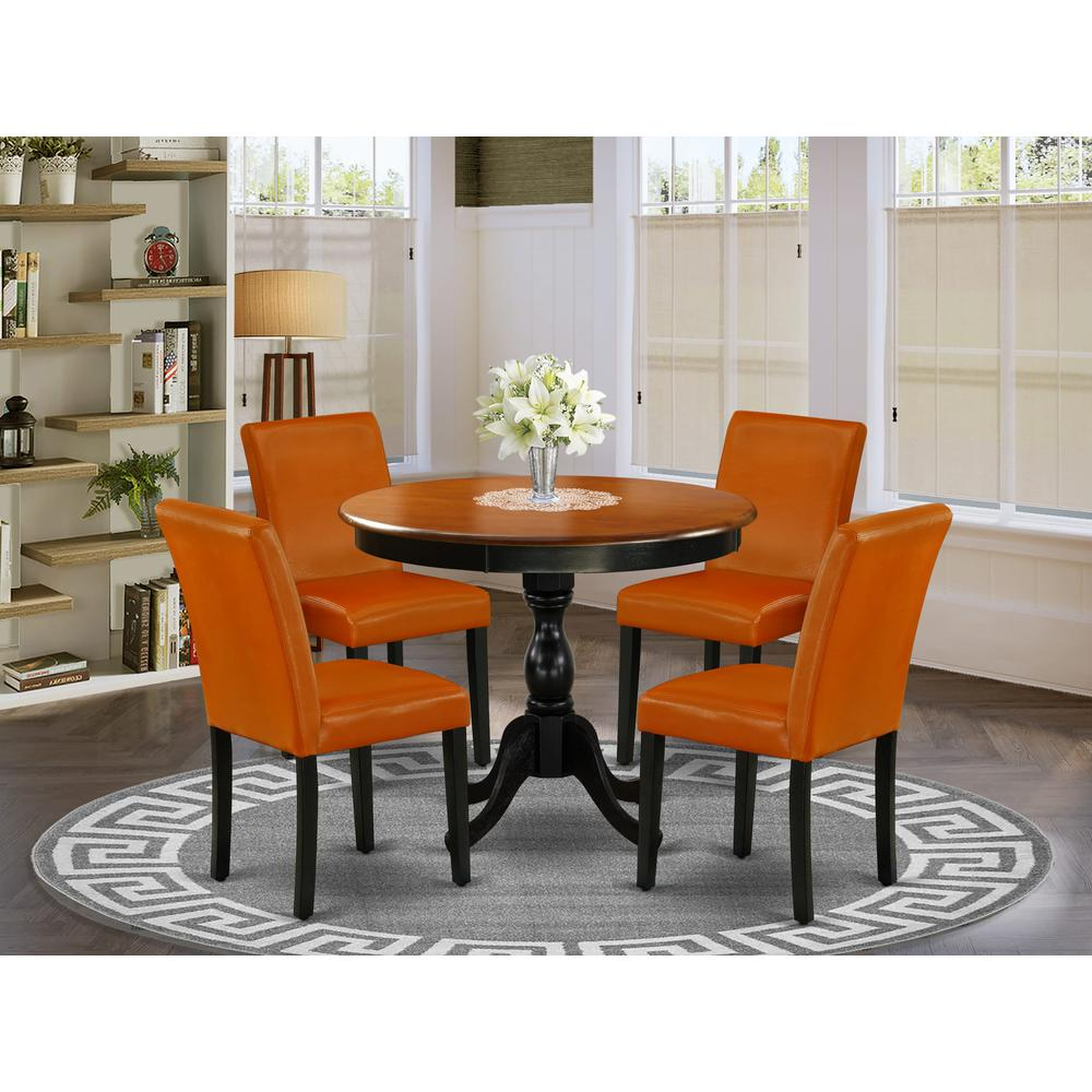 East West Furniture 5-Pc Dining Room Set Includes a Round Dinning Table and 4 Baked Bean PU Leather Dinner Chairs with High Back - Black Finish