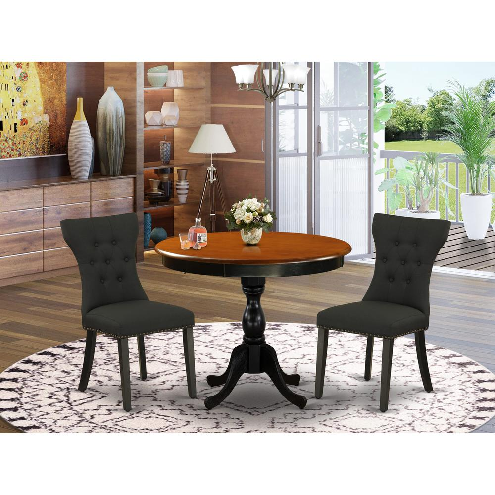 East West Furniture 3-Pc Dinning Room Set Includes a Wooden Table and 2 Black Linen Fabric Dining Room Chairs with Button Tufted Back - Black Finish