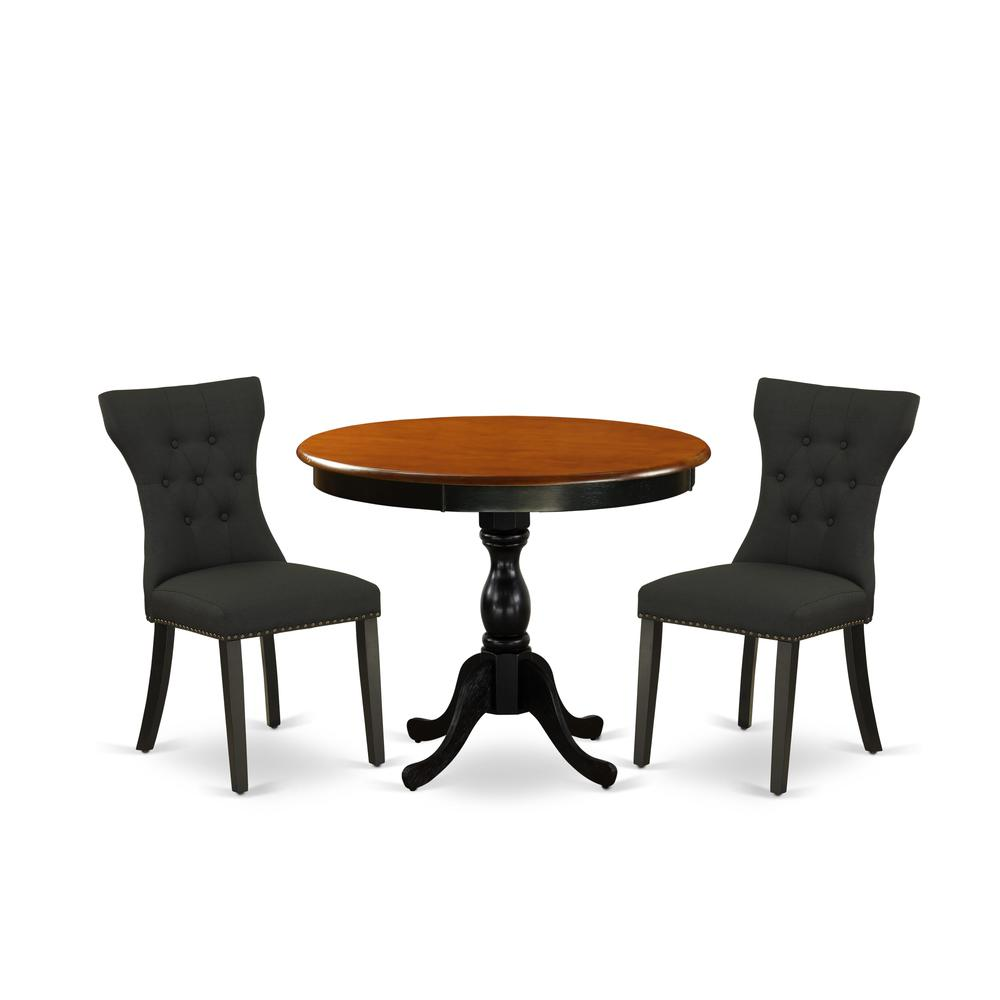 East West Furniture 3-Pc Dinning Room Set Includes a Wooden Table and 2 Black Linen Fabric Dining Room Chairs with Button Tufted Back - Black Finish