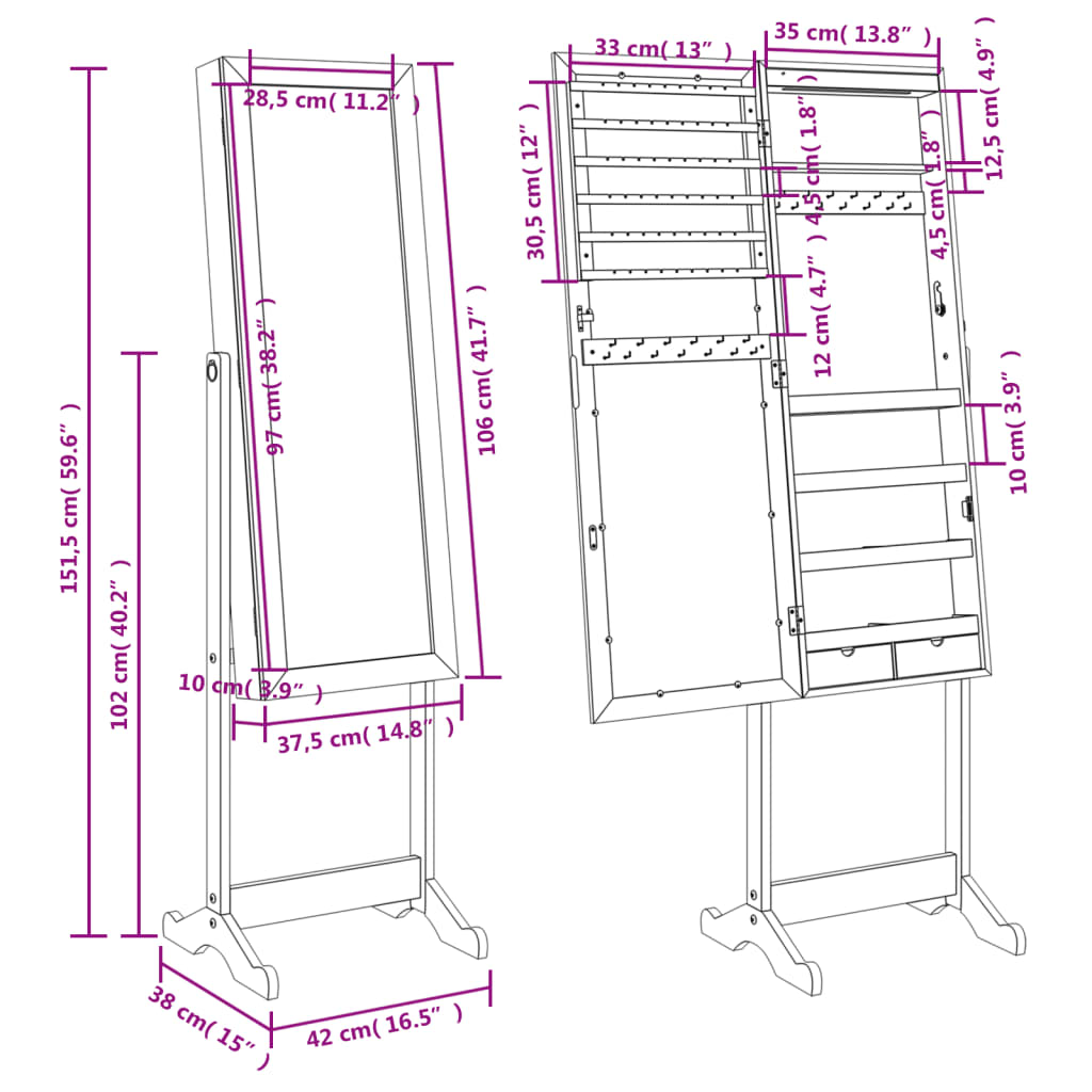 vidaXL Mirror Jewellery Cabinet with LED Lights Free Standing White